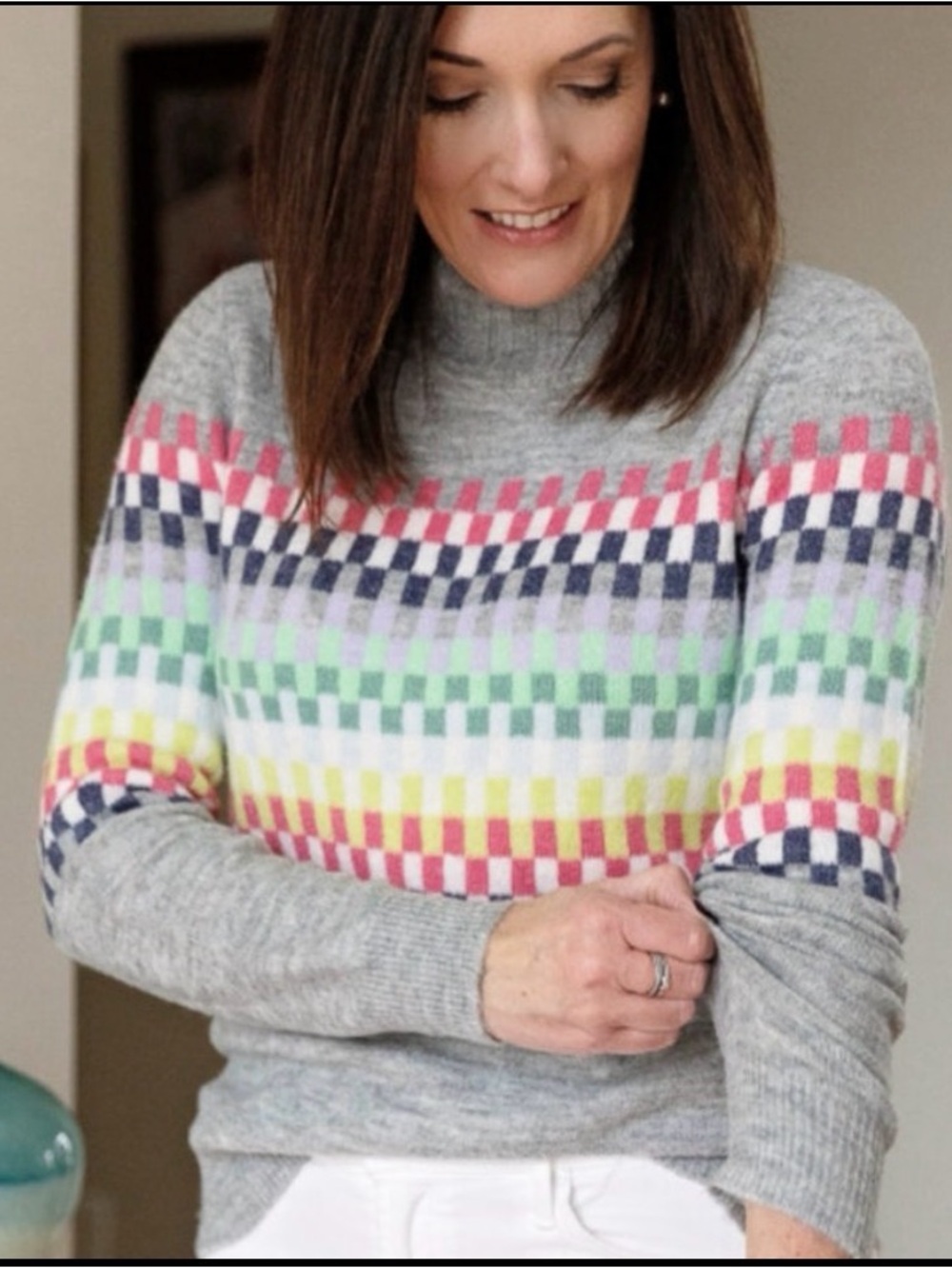 LOFT Geometric Mock Turtleneck Sweater XS/S Gray Multi Colored Preppy Soft